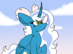 Size: 3334x2500 | Tagged: safe, artist:icydarkflame, derpibooru import, oc, oc only, oc:fleurbelle, alicorn, butterfly, pony, alicorn oc, bow, cloud, cute, female, golden eyes, hair bow, horn, mare, sky, solo, wings