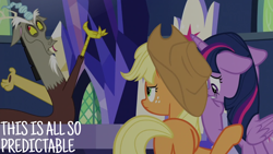 Size: 2000x1125 | Tagged: safe, derpibooru import, edit, edited screencap, editor:quoterific, screencap, applejack, discord, twilight sparkle, twilight sparkle (alicorn), alicorn, draconequus, earth pony, pony, the beginning of the end, annoyed, applejack is not amused, applejack's hat, clothes, cowboy hat, cutie map, discord is not amused, ears, facial hair, female, floppy ears, freckles, frown, goatee, hair tie, hat, looking back, looking up, male, mare, nervous, panicking, snaggletooth, trio, twilight's castle, unamused