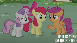 Size: 2000x1125 | Tagged: safe, derpibooru import, edit, edited screencap, editor:quoterific, screencap, apple bloom, scootaloo, sweetie belle, earth pony, pegasus, unicorn, crusaders of the lost mark, apple bloom's bow, bow, cutie mark crusaders, female, filly, foal, hair bow, trio, trio female