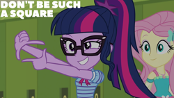 Size: 1920x1080 | Tagged: safe, derpibooru import, edit, edited screencap, editor:quoterific, screencap, fluttershy, sci-twi, twilight sparkle, better together, equestria girls, holidays unwrapped, lockers, o come all ye squashful