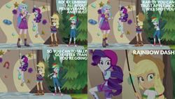 Size: 2000x1125 | Tagged: safe, derpibooru import, edit, edited screencap, editor:quoterific, screencap, applejack, princess celestia, principal celestia, rainbow dash, rarity, equestria girls, legend of everfree, forest, helmet, rock climbing