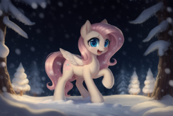 Size: 760x512 | Tagged: safe, derpibooru import, machine learning assisted, machine learning generated, fluttershy, pegasus, pony, female, forest, mare, open mouth, raised hoof, raised leg, snow, snowfall, solo