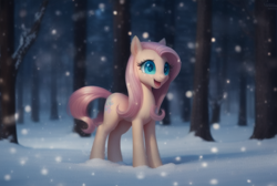 Size: 760x512 | Tagged: safe, derpibooru import, machine learning assisted, machine learning generated, fluttershy, pegasus, pony, female, forest, mare, open mouth, raised hoof, raised leg, snow, snowfall, solo