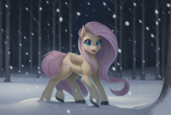 Size: 760x512 | Tagged: safe, derpibooru import, machine learning assisted, machine learning generated, fluttershy, pegasus, pony, female, forest, mare, open mouth, raised hoof, raised leg, snow, snowfall, solo