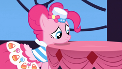 Size: 1920x1080 | Tagged: safe, derpibooru import, screencap, pinkie pie, earth pony, pony, season 1, the best night ever, 1080p, clothes, cute, diapinkes, dress, female, gala dress, mare, sad, sadorable, solo, table, when she doesn't smile