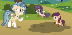 Size: 3160x1544 | Tagged: safe, artist:pastelnightyt, derpibooru import, oc, oc only, oc:lightning strike, oc:ocean current, oc:thunder crack, pegasus, pony, female, filly, foal, mud, quadrupedal, teenager