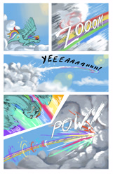 Size: 2000x3100 | Tagged: safe, artist:seventozen, derpibooru import, rainbow dash, pony, comic:the problem of parthus, cloud, flying, quadrupedal, solo