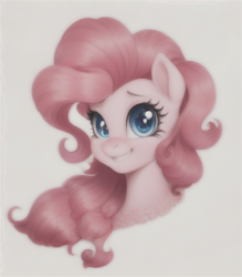 Size: 512x584 | Tagged: safe, derpibooru import, machine learning assisted, machine learning generated, pinkie pie, earth pony, pony, bust, female, mare, portrait, simple background, smiling, solo