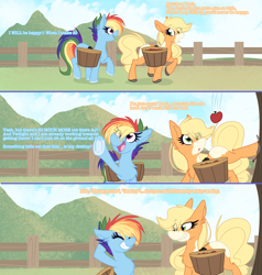 Size: 3840x4041 | Tagged: safe, artist:lbrcloud, derpibooru import, applejack, rainbow dash, earth pony, pony, alternate universe, apple, bucket, comic, dialogue, duo, earth pony rainbow dash, fence, food, missing cutie mark, race swap