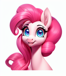 Size: 512x584 | Tagged: safe, derpibooru import, machine learning assisted, machine learning generated, pinkie pie, earth pony, pony, bust, female, mare, portrait, simple background, smiling, solo, white background