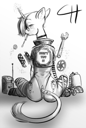 Size: 2434x3631 | Tagged: safe, artist:capt_hairball, derpibooru import, oc, oc:paneer masala, classical unicorn, unicorn, fallout equestria, butt, choker, clothes, cloven hooves, female, jacket, leonine tail, leotard, looking at you, looking back, looking back at you, plot, scar, simple background, solo, solo female, straps, the ass was fat, tools, unshorn fetlocks