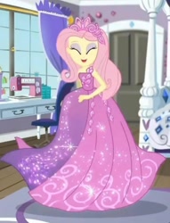 Size: 1200x1574 | Tagged: safe, derpibooru import, screencap, fluttershy, human, better together, costume conundrum, costume conundrum: rarity, equestria girls, bare shoulders, beautiful, bedroom, clothes, cropped, dress, eyes closed, flutterbeautiful, gown, happy, jewelry, princess costume, sewing machine, sleeveless, solo, strapless, tiara, twirl