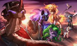 Size: 2478x1487 | Tagged: safe, artist:minekoo2, derpibooru import, cozy glow, daybreaker, descent, king sombra, mane-iac, nightmare moon, nightshade, queen chrysalis, alicorn, changeling, pegasus, pony, unicorn, cloud, featured image, female, filly, foal, group shot, licking, licking lips, male, mare, outdoors, shadowbolts, sky, stallion, sunrise, tongue, tongue out, villains of equestria