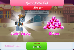 Size: 1267x860 | Tagged: safe, derpibooru import, junior deputy, star spur, earth pony, pony, appleloosa resident, background character, background pony, bundle, clothes, costs real money, cowboy hat, english, gameloft, gem, handsome, hat, male, mobile game, my little pony: magic princess, numbers, official, sale, sheriff's badge, solo, solo focus, stallion, text, vest