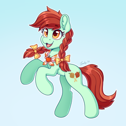 Size: 2480x2480 | Tagged: safe, artist:dandy, derpibooru import, candy apples, earth pony, pony, apple, apple family member, bow, braid, braided pigtails, clothes, cute, ear fluff, ears, eye clipping through hair, eyebrows, eyebrows visible through hair, female, food, gradient background, hair bow, happy, high res, mare, open mouth, open smile, pigtails, rearing, scarf, simple background, smiling, solo, white outline