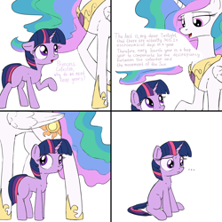 Size: 2000x2000 | Tagged: safe, artist:uteuk, derpibooru import, princess celestia, twilight sparkle, unicorn twilight, alicorn, pony, unicorn, ..., 4 panel comic, blank flank, comic, disappointed, ears, female, filly, filly twilight sparkle, floppy ears, foal, leap year, looking at each other, looking at someone, simple background, walking, white background, younger