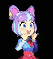 Size: 512x576 | Tagged: safe, artist:luckreza8, derpibooru import, machine learning generated, supernova zap, human, equestria girls, :d, anime, black background, female, open mouth, open smile, pinegraph, simple background, smiling, solo, su-z