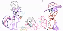 Size: 1993x984 | Tagged: artist needed, safe, derpibooru import, pinkie pie, rarity, twilight sparkle, bag, bubble, bubble pipe, deerstalker, detective, detective rarity, food, hat, magnifying glass, mane, pie, pipe, saddle bag, sherlock sparkle, simple background, white background