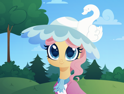 Size: 3000x2270 | Tagged: safe, artist:belka-sempai, derpibooru import, swan song, earth pony, pony, bust, female, hat, mare, scenery, smiling, solo