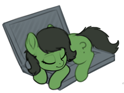 Size: 1014x763 | Tagged: safe, artist:smoldix, edit, twibooru import, oc, oc only, oc:anon filly, earth pony, pony, behaving like a cat, colored, colored sketch, computer, cute, eyes closed, female, filly, foal, laptop computer, simple background, sleeping, solo, white background