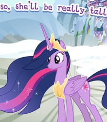 Size: 557x633 | Tagged: safe, derpibooru import, princess twilight 2.0, twilight sparkle, twilight sparkle (alicorn), alicorn, pony, the last problem, cropped, crown, english, ethereal mane, female, folded wings, gameloft, horn, jewelry, mare, meme, my little pony: magic princess, older, older twilight, regalia, solo, text, why, wings, wow! glimmer