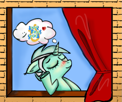 Size: 539x450 | Tagged: safe, artist:katy_moonlight, derpibooru import, bon bon, lyra heartstrings, sweetie drops, pony, unicorn, brick wall, curtains, emoji, implied bon bon, implied lesbian, implied lyrabon, implied shipping, solo, thinking, window