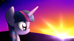 Size: 1024x576 | Tagged: safe, artist:princessfaeron, derpibooru import, twilight sparkle, pony, solo, sunset