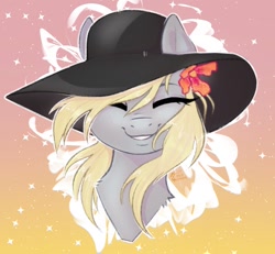 Size: 1374x1272 | Tagged: safe, artist:holomouse, derpibooru import, derpy hooves, pegasus, pony, bust, eyes closed, female, flower, flower in hair, gradient background, hat, mare, portrait, smiling, solo, sparkles