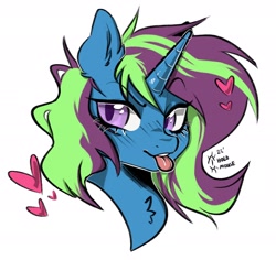 Size: 2048x1930 | Tagged: safe, derpibooru import, oc, oc only, pony, unicorn, bust, female, heart, horn, mouseholo, simple background, solo, tongue, tongue out, unicorn oc, white background