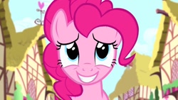 Size: 1280x720 | Tagged: safe, derpibooru import, screencap, pinkie pie, earth pony, pony, pinkie pride, season 4, cute, diapinkes, fake smile, female, grin, heart, mare, smiling, solo