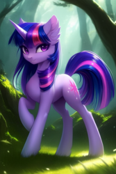 Size: 512x768 | Tagged: safe, derpibooru import, machine learning generated, twilight sparkle, unicorn twilight, pony, unicorn, alternate hairstyle, concave belly, depth of field, double mane, ear fluff, ears, female, forest, forest background, looking at you, mare, raised hoof, raised leg, solo