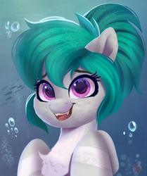 Size: 2989x3582 | Tagged: safe, artist:joaothejohn, derpibooru import, oc, oc only, oc:rikka, fish, merpony, original species, shark, shark pony, absurd resolution, bubble, chest fluff, cute, digital art, fangs, female, green mane, high res, looking at you, ocean, purple eyes, smiling, smiling at you, solo, teeth, underwater, water