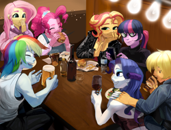 Size: 3636x2762 | Tagged: safe, artist:aztrial, derpibooru import, applejack, fluttershy, pinkie pie, rainbow dash, rarity, sci-twi, sunset shimmer, twilight sparkle, human, equestria girls, adult, alcohol, alternate hairstyle, beer, blushing, burger, cellphone, clothes, denim, drinking, ear piercing, earring, eating, eyebrow piercing, eyes closed, eyeshadow, female, food, freckles, french fries, glass, glasses, grin, happy, hoodie, humane five, humane seven, humane six, ice cube, jacket, jeans, jewelry, leather, leather jacket, lesbian, makeup, nail polish, older, older applejack, older fluttershy, older humane five, older humane seven, older humane six, older pinkie pie, older rainbow dash, older rarity, older twilight, open mouth, overalls, pants, phone, piercing, rarijack, salad, shipping, shirt, smartphone, smiling, soda, sweater, table, tanktop, wall of tags, water, water bottle, wine, wine glass
