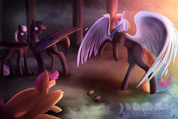 Size: 2340x1575 | Tagged: safe, artist:etherealn0ir, derpibooru import, rainbow dash, scootaloo, oc, pegasus, pony, fanfic:pegasus device, fanfic:rainbow factory, 2023, abstract background, ambiguous gender, bipedal, crying, fanfic art, female, goggles, large wings, rainbow factory dash, wings