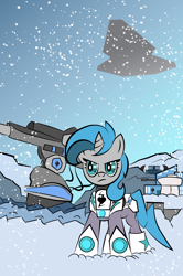 Size: 2194x3300 | Tagged: safe, artist:vareb, derpibooru import, oc, oc:tango starfall, pony, unicorn, armor, armored pony, glare, science fiction, ship, snow, snowfall, solo, stare, turret