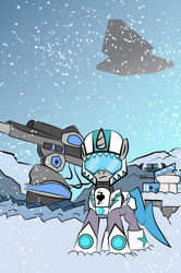 Size: 2194x3300 | Tagged: safe, artist:vareb, derpibooru import, oc, oc:tango starfall, pony, unicorn, armor, armored pony, helmet, science fiction, ship, snow, snowfall, solo, turret