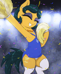 Size: 2500x3000 | Tagged: safe, artist:t72b, derpibooru import, cleopatra jazz, earth pony, pony, art pack:cheerleader art pack, alternate clothes, bipedal, cheerleader, clothes, confetti, dress, ear piercing, earring, eyes closed, grin, jewelry, necklace, panties, piercing, pom pom, raised hoof, raised leg, side slit, smiling, socks, solo, stockings, thigh highs, underwear