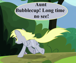 Size: 864x720 | Tagged: safe, derpibooru import, edit, edited screencap, screencap, derpy hooves, pegasus, pony, rock solid friendship, butt, cute, derpabetes, excited, implied bubblecup, offscreen character, plot, running, speech bubble