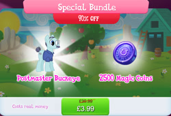 Size: 1264x861 | Tagged: safe, derpibooru import, earth pony, pony, bundle, clothes, costs real money, english, facial hair, gameloft, glasses, magic coins, male, mobile game, moustache, my little pony: magic princess, numbers, official, postmaster buckeye, sale, shirt, solo, solo focus, stallion, text