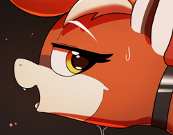 Size: 401x314 | Tagged: safe, artist:pabbley, derpibooru import, oc, oc:pandy cyoot, pony, red panda, red panda pony, art pack:shiny plastic, bedroom eyes, close-up, cute, cute little fangs, fangs, female, looking back, mare, open mouth, open smile, preview, smiling, solo, sweat, tack