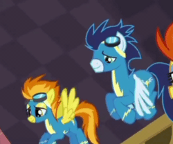 Size: 600x500 | Tagged: safe, derpibooru import, screencap, soarin', spitfire, stormy flare, pegasus, pony, rarity investigates, animated, clothes, eye contact, female, gif, looking at each other, looking at someone, male, mare, photo, stallion, trio, uniform, wonderbolts, wonderbolts uniform