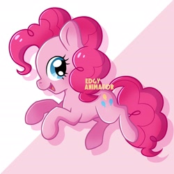 Size: 2700x2700 | Tagged: safe, artist:edgyanimator, derpibooru exclusive, derpibooru import, pinkie pie, earth pony, pony, :d, blue eyes, cel shading, chibi, colored lineart, cute, diapinkes, eyelashes, female, firealpaca, full body, happy, lineart, looking sideways, looking to side, looking to the right, mare, open mouth, open smile, pink, pink background, pink coat, pink fur, pink hair, pink mane, pink tail, raised hooves, shading, signature, simple, simple background, simple shading, smiling, solo, tail