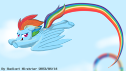 Size: 2560x1440 | Tagged: safe, artist:radiant windstar, derpibooru import, rainbow dash, pegasus, pony, cloud, flying, rainbow, solo, sonic rainboom, wings