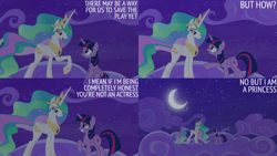 Size: 2000x1125 | Tagged: safe, derpibooru import, edit, edited screencap, editor:quoterific, screencap, princess celestia, twilight sparkle, twilight sparkle (alicorn), alicorn, horse play, cloud, moon, night, on a cloud, sitting, sitting on cloud, stars