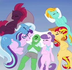 Size: 2000x1951 | Tagged: safe, artist:greenybeanz, derpibooru import, lightning dust, starlight glimmer, sunset shimmer, suri polomare, tempest shadow, trixie, oc, oc:anon, earth pony, human, pegasus, pony, unicorn, anon gets all the mares, bed, broken horn, female, gradient background, grin, horn, hug, lucky bastard, male, sleeping, smiling