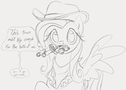 Size: 979x701 | Tagged: safe, artist:dotkwa, derpibooru import, fluttershy, pegasus, pony, cowboy hat, dialogue, female, gray background, grayscale, gun, handgun, hat, mare, monochrome, mouth hold, revolver, simple background, sketch, solo, speech bubble, spread wings, talking to viewer, weapon, wings