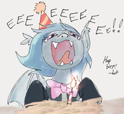 Size: 753x696 | Tagged: safe, artist:dotkwa, derpibooru import, oc, oc only, oc:lucky roll, bat pony, pony, bat pony oc, birthday, birthday candles, bowtie, candle, eeee, fangs, female, gray background, happy birthday, hat, hay, mare, open mouth, party hat, simple background, solo, tongue, tongue out, volumetric mouth