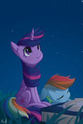 Size: 1743x2614 | Tagged: safe, artist:kaf_pone, derpibooru import, rainbow dash, twilight sparkle, twilight sparkle (alicorn), alicorn, pegasus, pony, book, female, grass, lesbian, mare, night, shipping, sleeping, stars, twidash