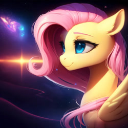 Size: 2560x2560 | Tagged: safe, derpibooru import, generator:purplesmart.ai, generator:stable diffusion, machine learning generated, fluttershy, ear fluff, ears, eyebrows, eyelashes, female, galaxy, mare, smiling, solo, space, stars