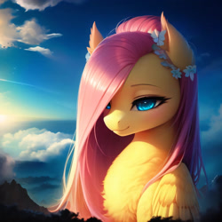 Size: 2560x2560 | Tagged: safe, derpibooru import, editor:nightluna, generator:purplesmart.ai, generator:stable diffusion, machine learning generated, fluttershy, pony, chest fluff, cloud, ear fluff, ears, eyebrows, eyelashes, female, giant pony, macro, mare, sky, smiling, solo